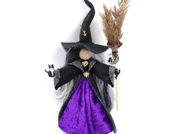 Felt Witch Sorceress Doll Charms Broom, Gothic Fantasy Halloween Decor, Mystical Fairy Figurine Gift