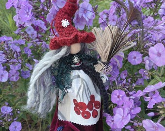 Handmade Witch Doll – Forest Guardian with Broom, Cherry Rustic Home Décor, Pagan & Halloween Gift