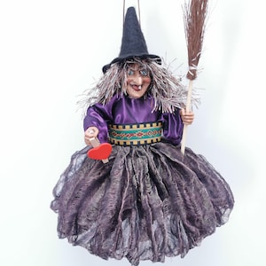 Scandinavian Kitchen Witch Doll Fairy witch figurine Christmas Gift Felt Hedge witch purple Hag with broom Witch Decor Toy Interior Art Doll