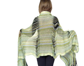 Long Green Scarf: Handwoven Lightweight Wrap, Boho Fringe Spring Summer Shawl, Artisan Shawl Gift