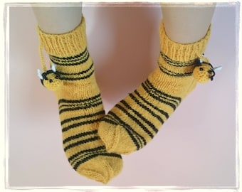 WOOLEN BEE SOCKS - Hand Knit Home Slippers - Man Indoor Socks - Winter Women Leg Warmers - Warm stripped Footwear Christmas gift Size 7 8 39