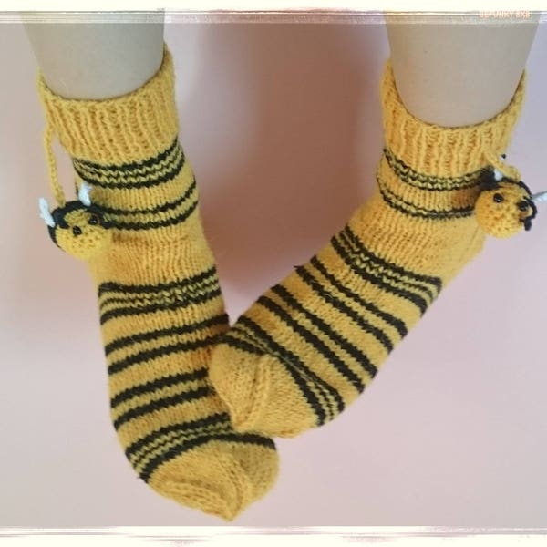 WOOLEN BEE SOCKS - Hand Knit Home Slippers - Man Indoor Socks - Winter Women Leg Warmers - Warm stripped Footwear Christmas gift Size 7 8 39