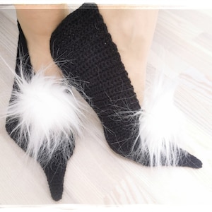 Bridal Slippers Pointed Toe Flats Black Cotton Slippers White Faux Fur Pom Pom Witches shoes Ballet flats Gift Handmade Wedding Slippers