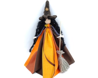 Good Luck Kitchen Witch Doll Wizard Boho Brown Fairy Figurine New Home Gift Spirit Doll Enchanter Poppet Protection Vintage Design Unique