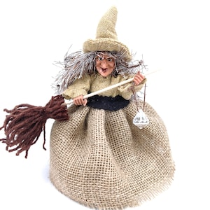 Good luck Kitchen Witch Doll for home Decor, Fairy Witch Figurine in linen skirt with broom and welcome sign, Handmade Hedge Witch Figure