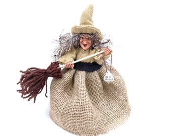Good luck Kitchen Witch Doll for home Decor, Fairy Witch Figurine in linen skirt with broom and welcome sign, Handmade Hedge Witch Figure