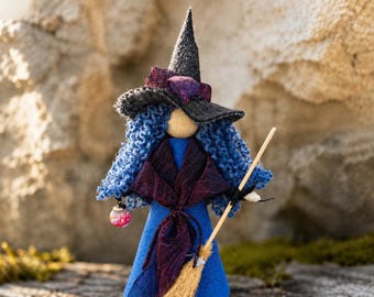 Blue Kitchen Witch Doll, Handmade Magic Fairy Figurine, Protection Talisman Ornament, Galloween Gift