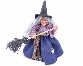 Good luck KITCHEN WITCH DOLL, Denim Witch with broom, Fairy Figurine witch, Hedge witch, Kitchen Hag, Flying Hanging Witch Collecteble witch