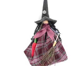 Good luck KITCHEN WITCH DOLL, red black with pepper Witch with broom, Fairy Figurine, crone Hag, Christmas Decor, Hanging Magic Witch gift