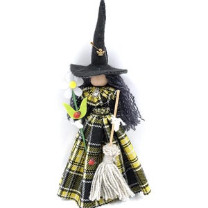 Good Luck Kitchen Witch Doll, Fairy Figurine checkered dress flower butterfly Decor, OOAK woolen Figurine, New Home Spirit gift Mini cute