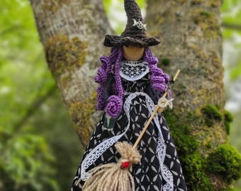 Forest Witch Figurine, Good Luck Kitchen Witch Doll, Curly Fairy Ornament, Halloween Gift