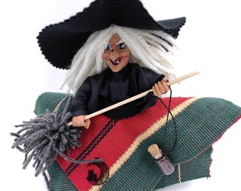 Good luck KITCHEN WITCH DOLL, broom wish bottle, Woodland Magic Flying Figurine Gift Home