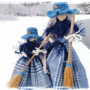 Good Luck kitchen Witch doll, Fairy Witch Figurine, Blue wooden mom and daughter witches, Hedge Witch doll, Hanging Witch, Halloween Witch