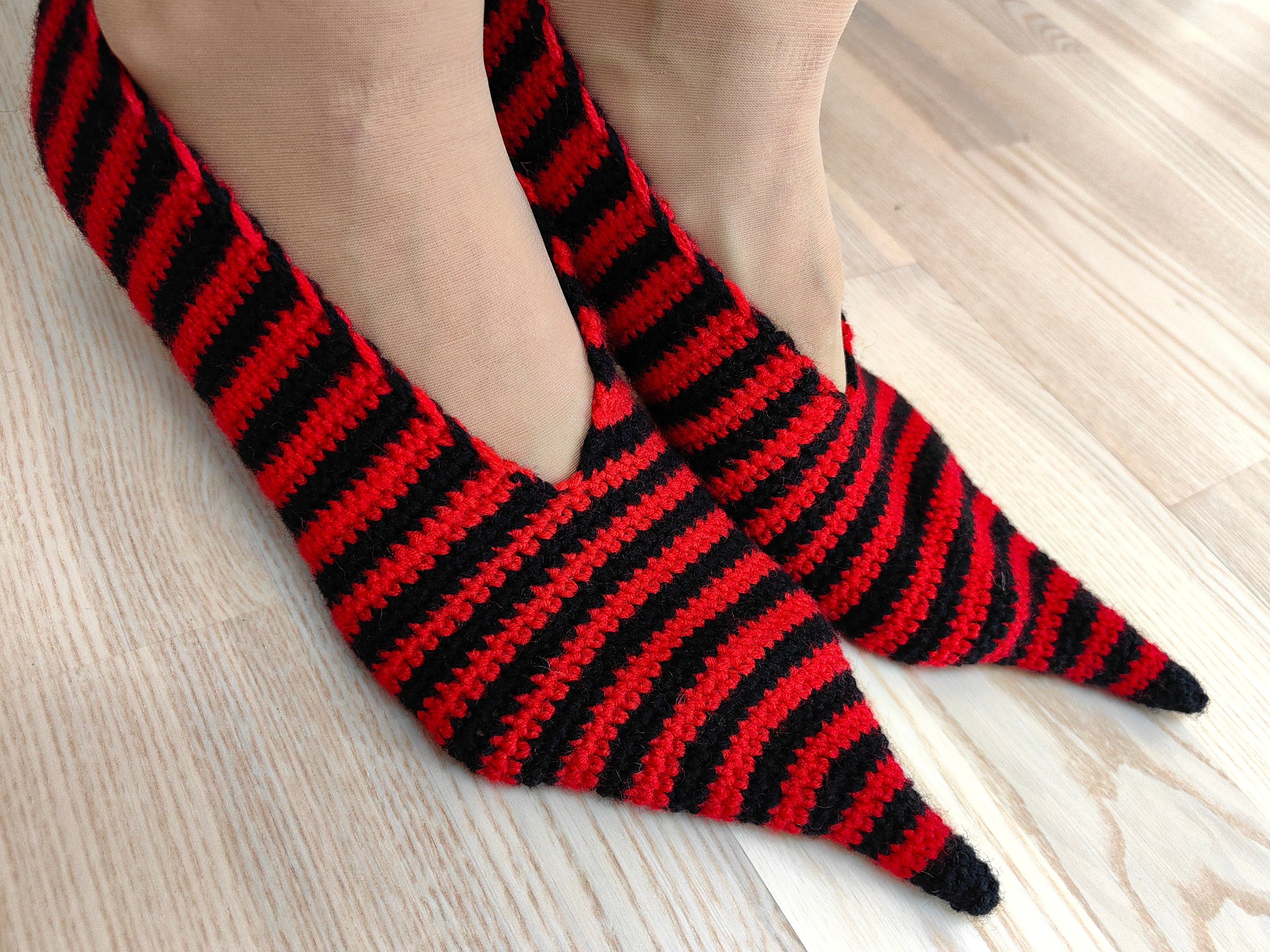 Witch Slippers – Black Red Striped Knit Pointed Toe Flats, Cozy