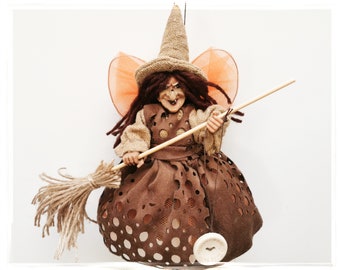 Good luck KITCHEN WITCH DOLL, Brown Witch with broom, Fairy Figurine witch, Witch Doll, Kitchen Hag, Flying Hanging Witch, Collecteble witch