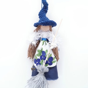 Kitchen WITCH Doll with blueberries apron, Handmade Witch Figurine, Fairy Witch Doll Cat decor, blue witchy hat, Hedge Witch hanging Gift