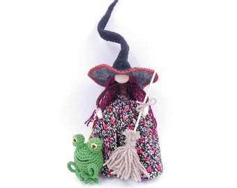 Kitchen Witch Doll with Frog – Protection Talisman, Forest Witch Poppet, Good Luck Pagan Decor