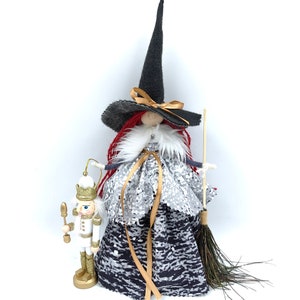 Good luck KITCHEN WITCH DOLL on Broom, Fairy Witch Figurine, Hanging Hedge Witch, Ooak art doll, Wooden Figurine Apple, Halloween Baba Yaga