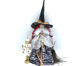 Good luck KITCHEN WITCH DOLL on Broom, Fairy Witch Figurine, Hanging Hedge Witch, Ooak art doll, Wooden Figurine Apple, Halloween Baba Yaga