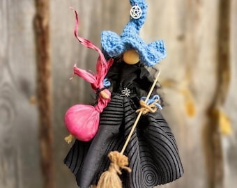 Kitchen Witch Doll Blue Hat Garlic Broom Halloween Decor OOAK Folk Art Gift Collectible
