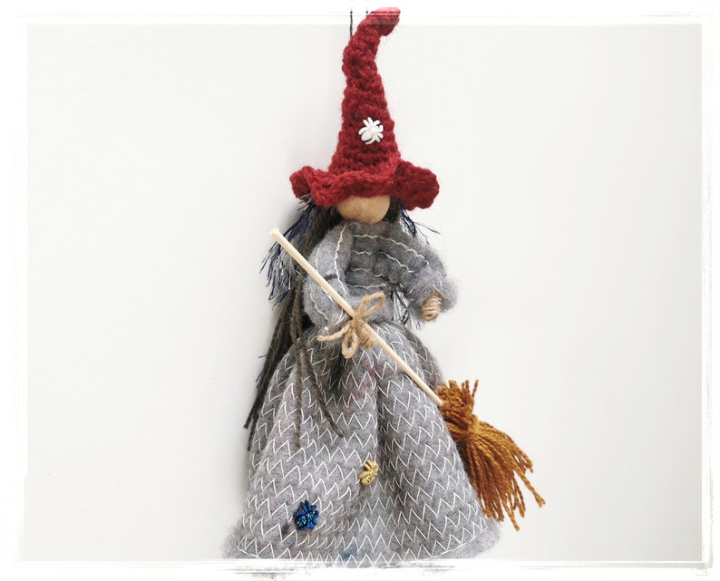 Kitchen WITCH Doll, Felt Wooden Witch Figurine, Crone witch spider, Spirit Doll, Good luck doll, Witch Doll, Witch on Broom, Wicked Witch image 5