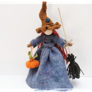 Felt Kitchen WITCH Doll with pumpkin, Wooden Witch Figurine, Crone witch, Good luck doll Witch Doll, Wicked Witch, Hallooween decor for gift