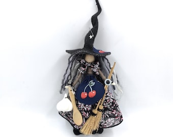Good Luck kitchen Witch Doll with garlic broom spoon cherry, PERSONALIZED handmade Fairy Figurine, New Home Gift