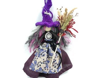 Good Luck Kitchen Witch Doll Viola, Handmade fairy Figurine with sun charm, Purple New Home Gift Spirit protection Talisman ornament