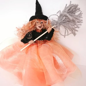 Fairy Witch Figurine, KItchen Witch Doll, Hedge Witch Brown, Hag with broom, New Home Gift, Hanging Ornament, Upcycled Art Doll Mitology