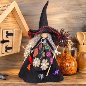 Puede incluir: Una figura de bruja de fieltro con un sombrero negro alto con costuras rojas, un vestido negro con estampado floral y cabello largo gris. La figura sostiene una pequeña escoba y un chile rojo, con adornos de pequeñas arañas e insectos.