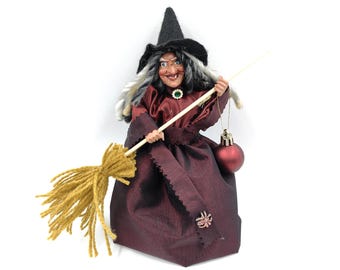 Good luck KITCHEN WITCH DOLL, Witch with broom, Fairy Figurine, Kitchen Hag, Horror Decor, Magic Flying Witch, Hanging Witch, Crone Witch