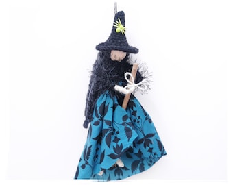 Fairy Witch on Broom, Kitchen Witch Doll, Fairy Garden Figurine, Hedge witch, Handmade fay girl, Blue Wall hanging, Fantasy art doll Decor