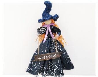 Good Luck Wooden Witch Figurine with Welcome Sign Kitchen Witch Doll Flying Hedge witch Spirit witch Norwegian witch Hanging spirit doll