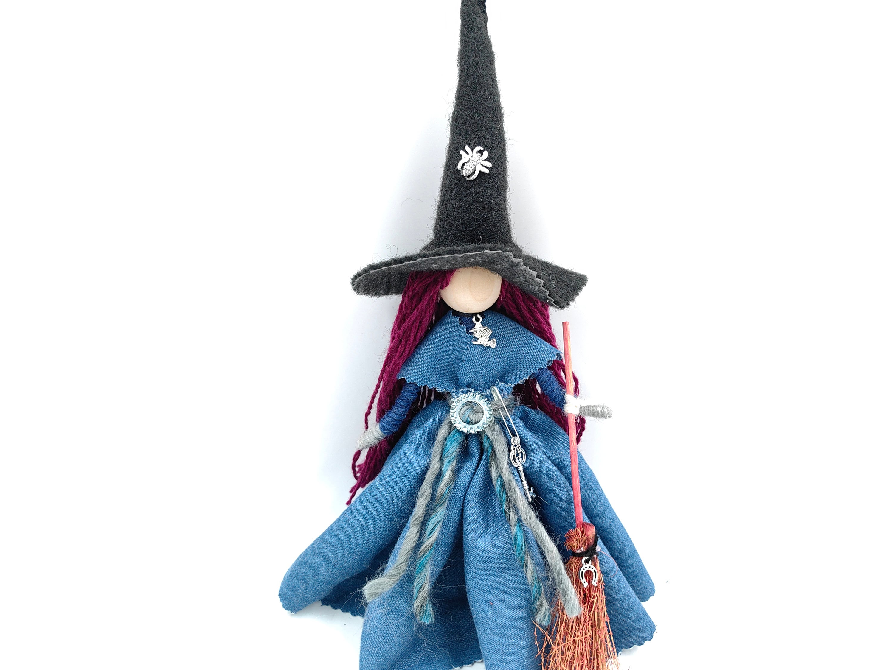 Good luck KITCHEN WITCH DOLL, Denim Witch with broom, Fairy Figurine witch, Hedge witch, Kitchen Hag, Flying Hanging Witch Collecteble witch