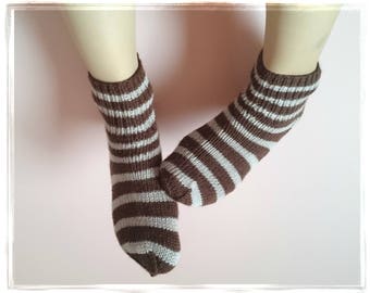 COZY pair of Socks, CHOCOLATE SOCKS, Hand knit foot warmer, Stripped brown sock, Women boot socks, Set of Women Socks, Indoor slippers, gift