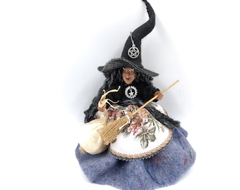 Good Luck Kitchen Witch Doll with broom garlic for Home protection from evils bad spirits