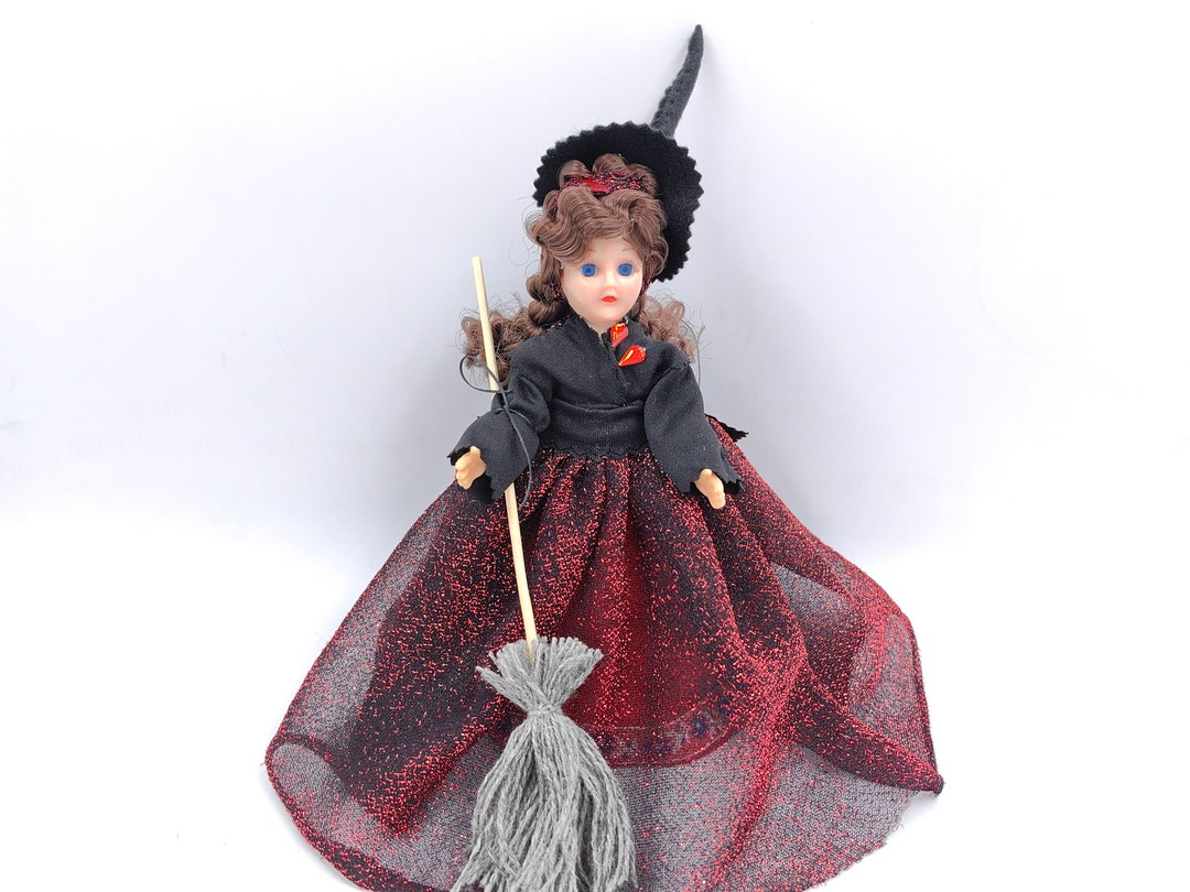 Vintage Kitchen Witch Doll Red Black Dress With Broom to Stand Hang