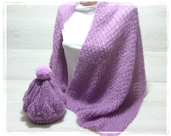 Mohair scarf and Hat, Lace Wrap  Hand knit Scarf Purple Stole Bridal Shrug Women cover up Wedding accessory Bridesmaid cape Christmas gift