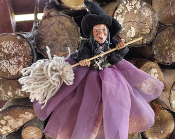 Kitchen Witch Doll Handmade New Home Gift, Purple Halloween Flying Hag Figurine, Door protection