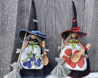 Good Luck Charm Gift: Kitchen Witch Dolls set with Spoon Blueberries Strawberries apron broom