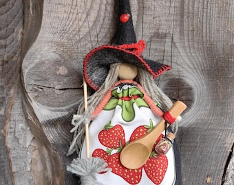 Hedge Witch Doll with Spoon Broom Personalized Gift – Strawberry Apron, Pagan Decor for Kitchen