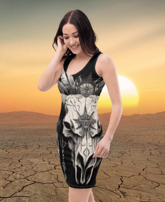 Texas Bull Skull Bodycon Jet Black Fitted Dress | Western Goth Aesthetic |  Boho Rocker Chic Style - Etsy
