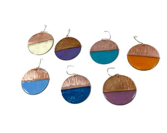 E217 Enamel and Copper Earrings - Round Disc Earrings - Large Disc Earrings - Fold Formed Earrings - Textured Earrings