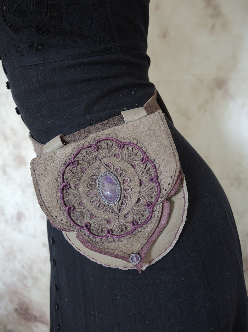 GreyPurple Makramee Boho Leather Festival Hippie Gypsi MTO Amethyst Mandala Hip Bag Belt Bag