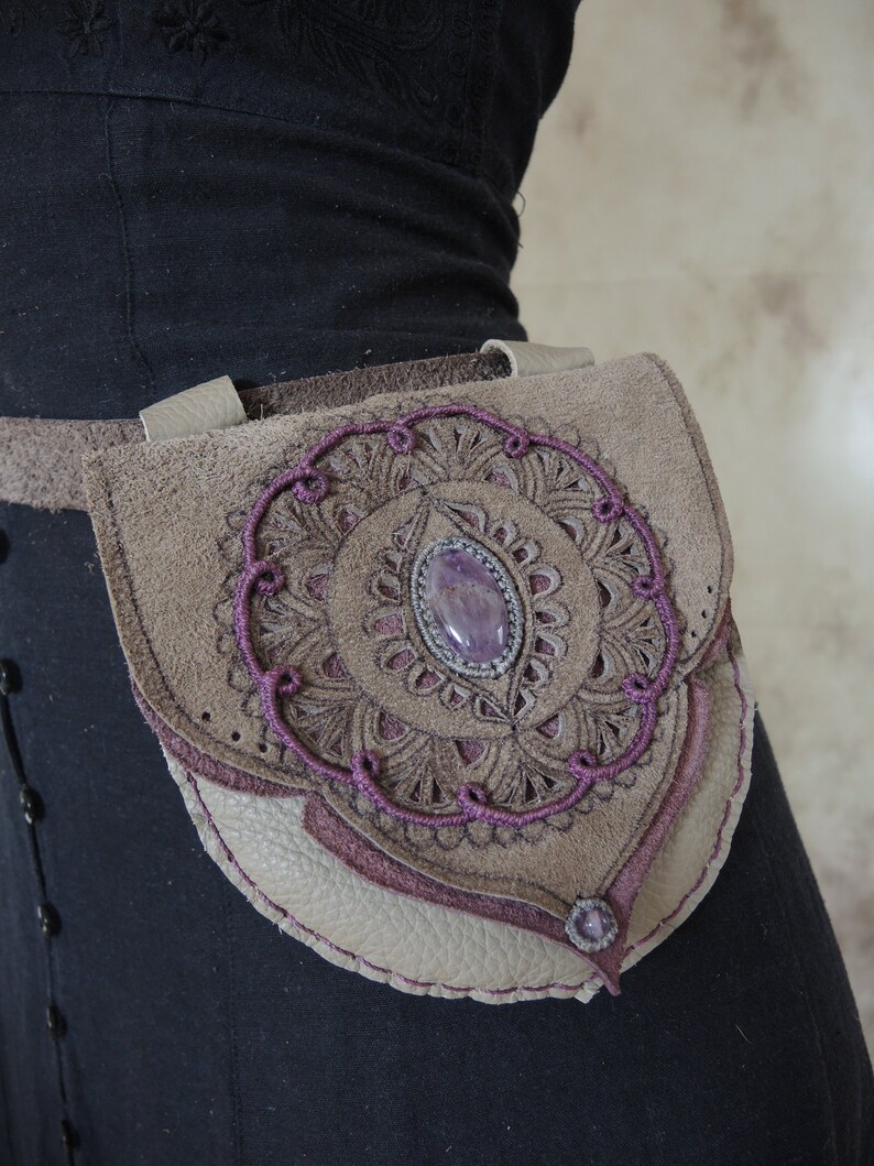 GreyPurple Makramee Boho Leather Festival Hippie Gypsi MTO Amethyst Mandala Hip Bag Belt Bag