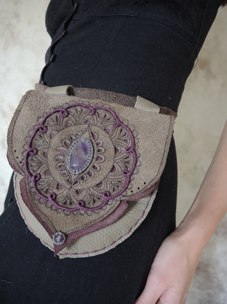 GreyPurple Makramee Boho Leather Festival Hippie Gypsi MTO Amethyst Mandala Hip Bag Belt Bag