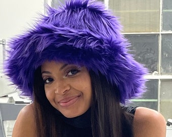 Purple Faux Fur Bucket Hat-festival Hat-floppy Hat-fur Hat  display picture 1
