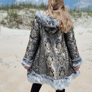 The Silver Sultan Paisley Patchwork Brocade Reversible Faux Fur Festival Coat / Handmade / Burning Man / Playa Coat / Unisex Coat