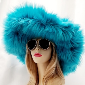 The Custom Turquoise OVERSIZED Faux Fur Festival Hat / Big Brim Hat / Floppy Hat / Fuzzy Fur Hat / Faux Fur Hat / Rave Hat / Shag Hat