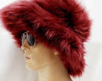 Burgundy Faux Fur Bucket Hat / Floppy Hat / Festival Hat  display picture 2